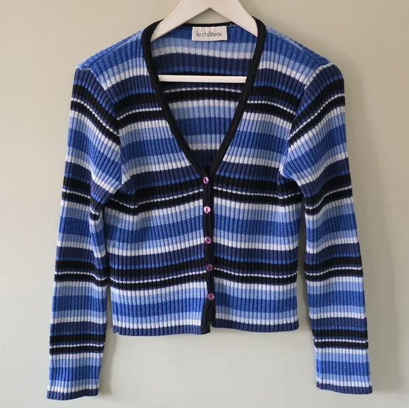 Le Chateau M Vintage Y2K Eclectic Coquette Striped Ribbed Knit Cardigan - Picture 2 of 12
